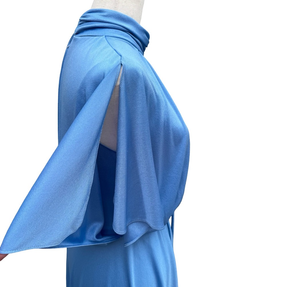 Vintage 70s Blue Mock Neck Cape Sleeve Maxi Dress Disco Gown Tie Waist Blue - Picture 4 of 14